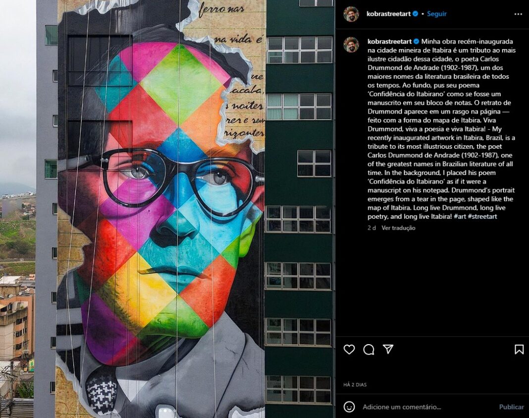 Artista descreve o conceito de sua ideia ao usar o poema Confidência do Itabirano associado à imagem do mapa da cidade; Ele foi um dos destaques da Mostra de Arte Pública (Mapa) - Kobra
