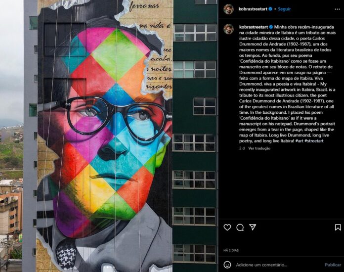 Artista descreve o conceito de sua ideia ao usar o poema Confidência do Itabirano associado à imagem do mapa da cidade; Ele foi um dos destaques da Mostra de Arte Pública (Mapa) - Kobra
