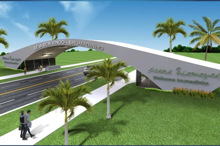 Em comemoração aos 85 anos de Brumadinho, cidade inaugura pórtico de Oscar Niemeyer Em comemoração aos 85 anos de Brumadinho, cidade inaugura pórtico de Oscar Niemeyer