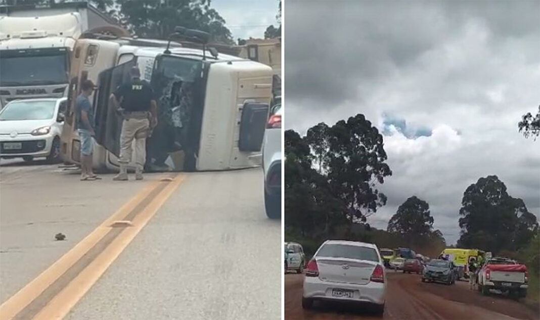 Sem Título-1 Uma pessoa ficou ferida depois de o veículo de carga tombar na pista e provocar a colisão de dois carros de passeio, em Itabirito; Entidades tentam solução para tirar 1500 carretas de minério de circulação no trecho