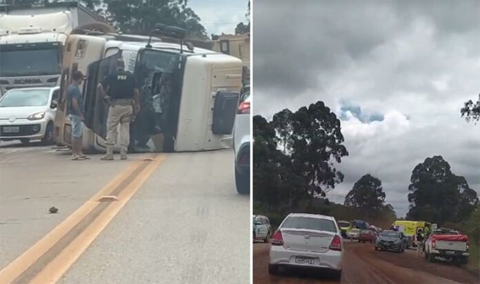 Uma pessoa ficou ferida depois de o veículo de carga tombar na pista e provocar a colisão de dois carros de passeio, em Itabirito; Entidades tentam solução para tirar 1500 carretas de minério de circulação no trecho