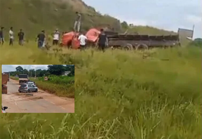 Sem Título-7 Veículo de carga atingiu carro de passeio antes de sair da pista e capotar; Motorista ficou preso às ferragens e não resistiu - Acidente BR-381