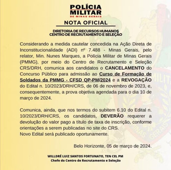 Concurso público da PM de MG é cancelado após decisão do STF