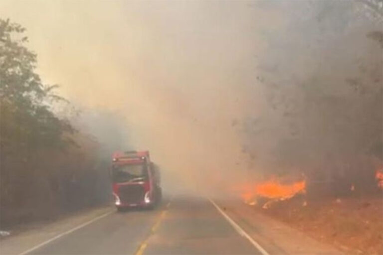 Fogo às margens da rodovia obrigou PRF a implementar sistema pare e siga para amenizar congestionamento; Saiba qual é a pena para quem provoca incêndio florestal