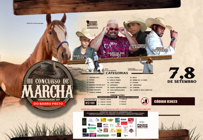 concurso Entre os dias 07 e 8 de setembro, os participantes do III Concurso de Marcha terão a chance de mostrar suas habilidades em 20 categorias distintas