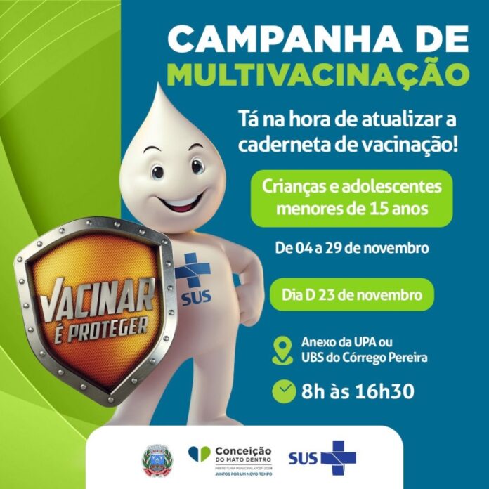 vacinação-conceicao-mato-dentro As vacinas estarão disponíveis na Sala de Vacinação, anexa à UPA, e nas Unidades Básicas de Saúde (UBSs) Central, Córrego Pereira e Matozinhos. O atendimento para a multivacinação será feito de segunda a sexta-feira, das 8h às 16h30