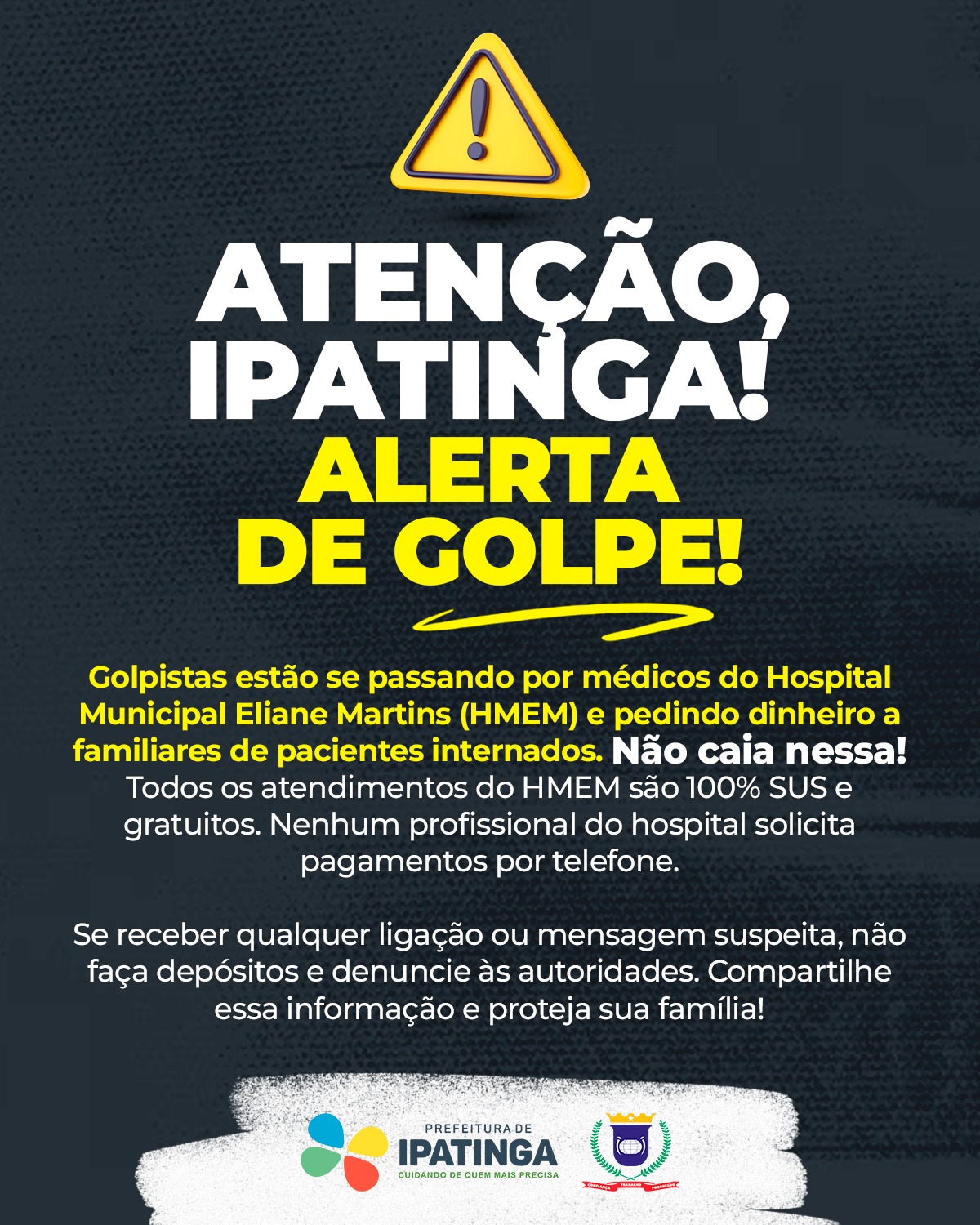 Caso alguém receba uma ligação suspeita ou solicitando dinheiro em nome do HMEM, a orientação é acionar a Polícia Militar pelo telefone 190 ou registrar uma ocorrência na delegacia mais próxima