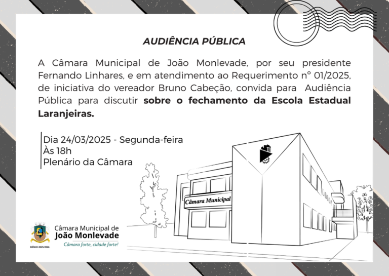 O evento ocorrerá no dia 24 de março de 2025 (segunda-feira), a partir das 18h, no Plenário da Câmara Municipal.
