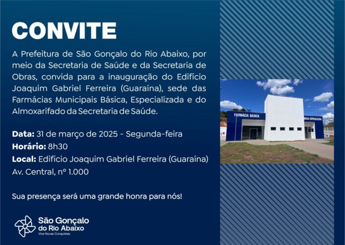 A cerimônia de inauguração acontecerá às 8h30 da manhã, e a Prefeitura de São Gonçalo do Rio Abaixo convida toda a comunidade para participar desse momento especial.