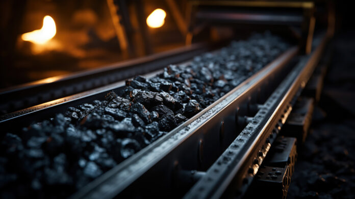 Coal on a conveyor belt in motion. A receita líquida da CSN Mineração apresentou uma queda de 22,1% no último trimestre de 2024, somando R$ 3,907 bilhões, se comparado ao quarto trimestre de 2023