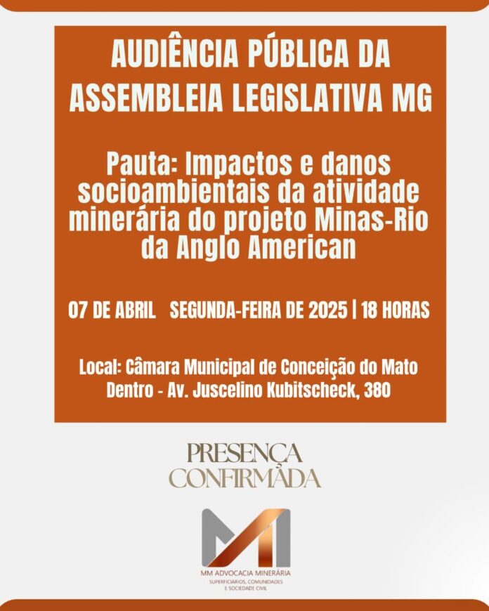 A iniciativa será acompanhada pelo MM Advocacia Minerária, que está comprometido com a luta pela justiça socioambiental e ao lado das comunidades afetadas pela mineração