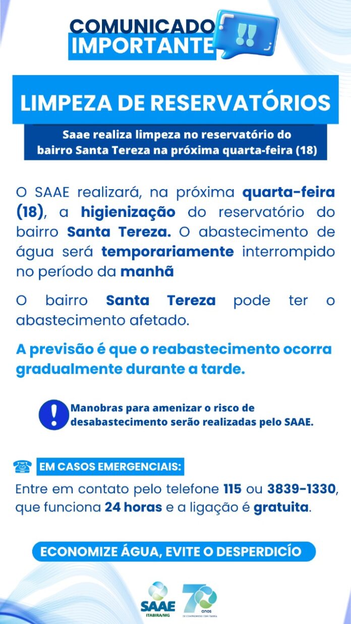 SAAE realizará higienização do reservatório no bairro Santa Tereza com interrupção temporária no fornecimento de água