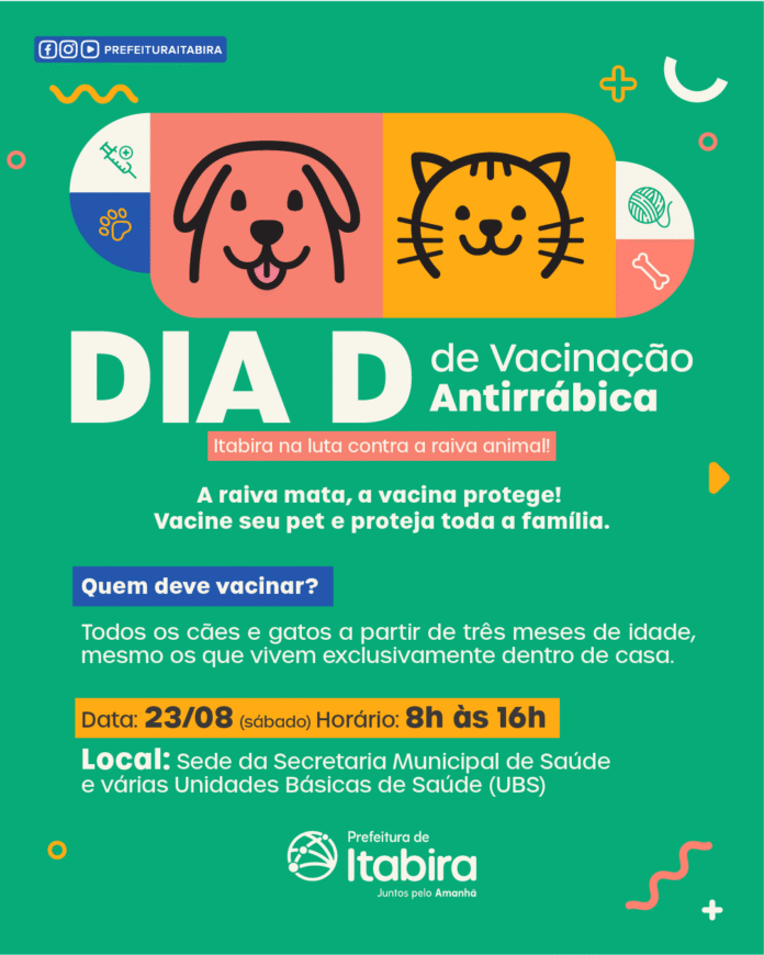 A Vacinação Antirrábica é gratuita e obrigatória para todos os cães e gatos com mais de três meses de idade, independentemente de viverem dentro de casa ou ao ar livre