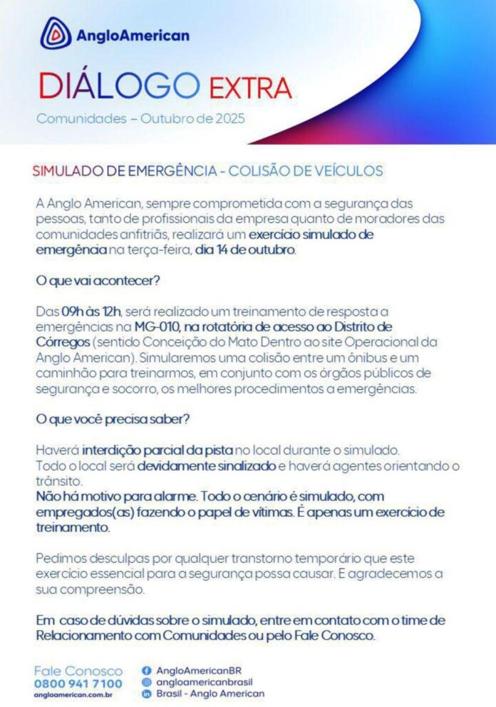 Anglo realizará exercício na próxima terça-feira com interdição parcial da pista na região de Córregos