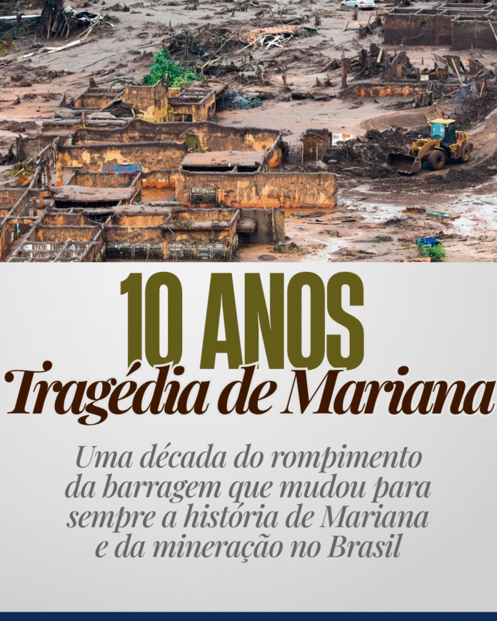 Post para Instagram Aniversário da Cidade Comemorativo Branco A barragem de rejeitos conhecida como Fundão, na cidade de Mariana pertencente à Samarco Mineração S.A. — controlada pelas gigantes Vale S.A. e BHP Billiton Brasil Ltda. — se rompeu liberando cerca de 40 milhões de metros cúbicos de lama tóxica