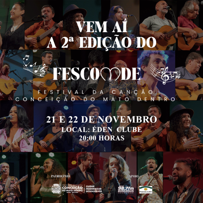 O 2º FESCOMDE em Conceição do Mato Dentro, nos dias 21 e 22 de novembro de 2025, promete R$ 51 mil em prêmios, muita música e valorização da cultura local. Não perca a festa que integra ecoturismo e música!