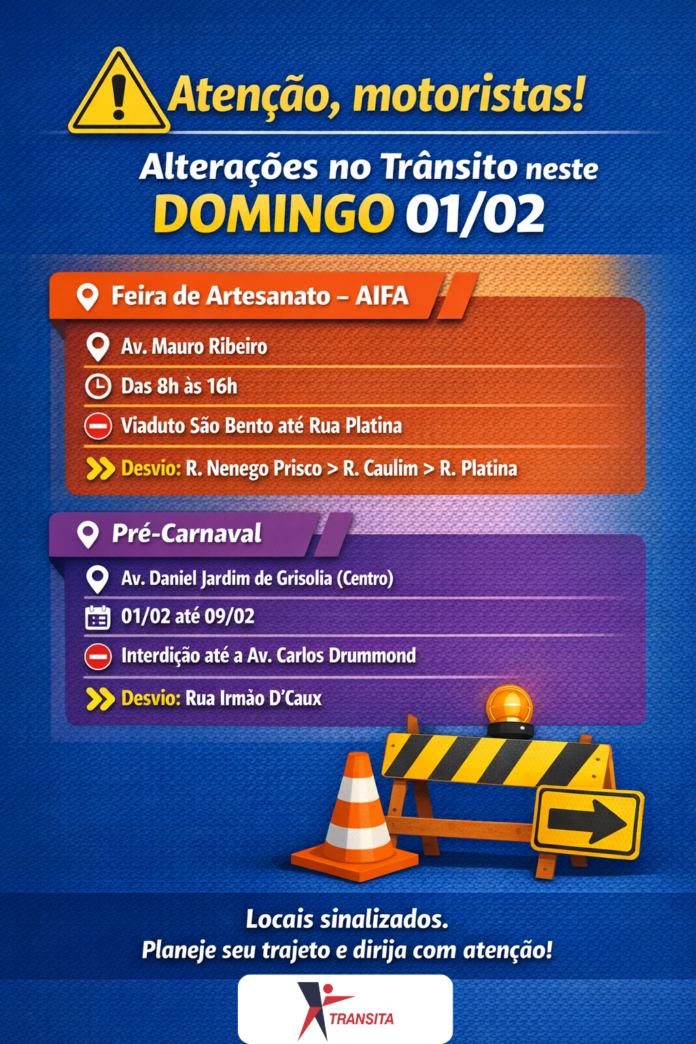 No domingo, 1º de fevereiro de 2026, Itabira terá interdições e alterações no trânsito em importantes vias devido a eventos culturais. Confira os detalhes e as rotas alternativas para evitar transtornos.