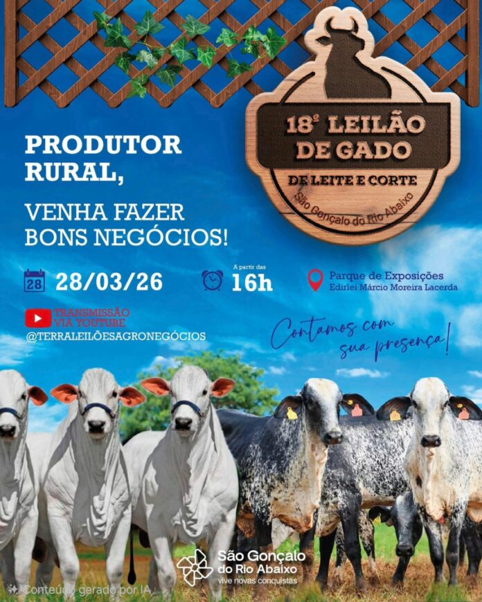 São Gonçalo do Rio Abaixo recebe o 18º Leilão de Gado no dia 28 de março, com transmissão online e oportunidades de negócios para produtores rurais.