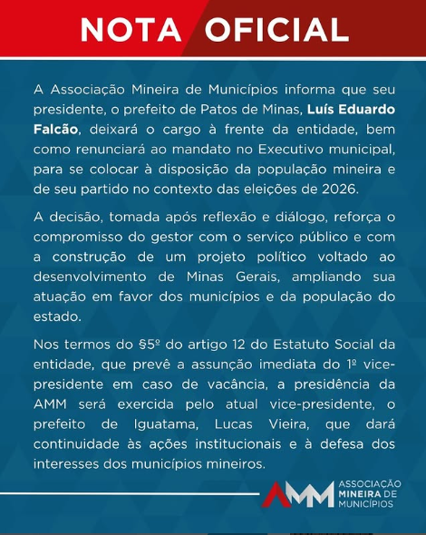 Prefeito de Patos de Minas deixa presidência da AMM para disputar eleições