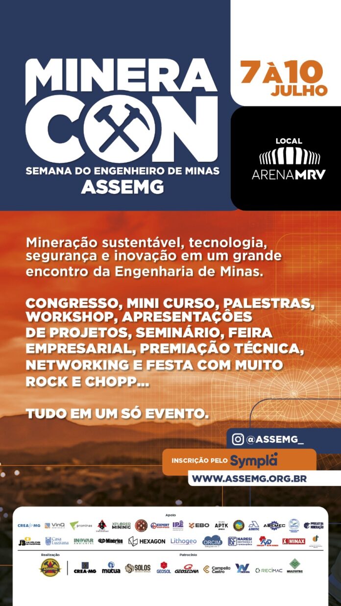 Belo Horizonte recebe a MineraCon entre os dias 7 e 10 de julho com palestras, workshops, feira empresarial, concurso técnico-científico e debates sobre inovação, tecnologia e sustentabilidade na mineração.