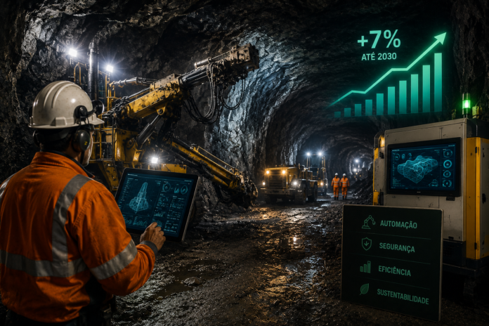 A mineração subterrânea deve crescer cerca de 7% até 2030, impulsionando investimentos em tecnologia, segurança e novos equipamentos para operações em subsolo no Brasil.