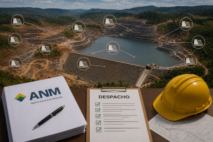 ChatGPT Image 22 de jul. de 2026, 18_28_42 A ANM publicou despacho com medidas para 12 barragens de mineração, envolvendo nove empresas. O documento trata de prorrogação de prazos, cumprimento de exigências técnicas e segurança das estruturas