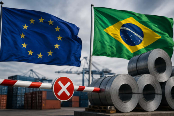 ChatGPT Image 7 de jul. de 2026, 15_07_04 A União Europeia adotou novas restrições para a importação de produtos siderúrgicos, levando o Brasil a contestar as medidas e defender soluções multilaterais para o mercado global do aço