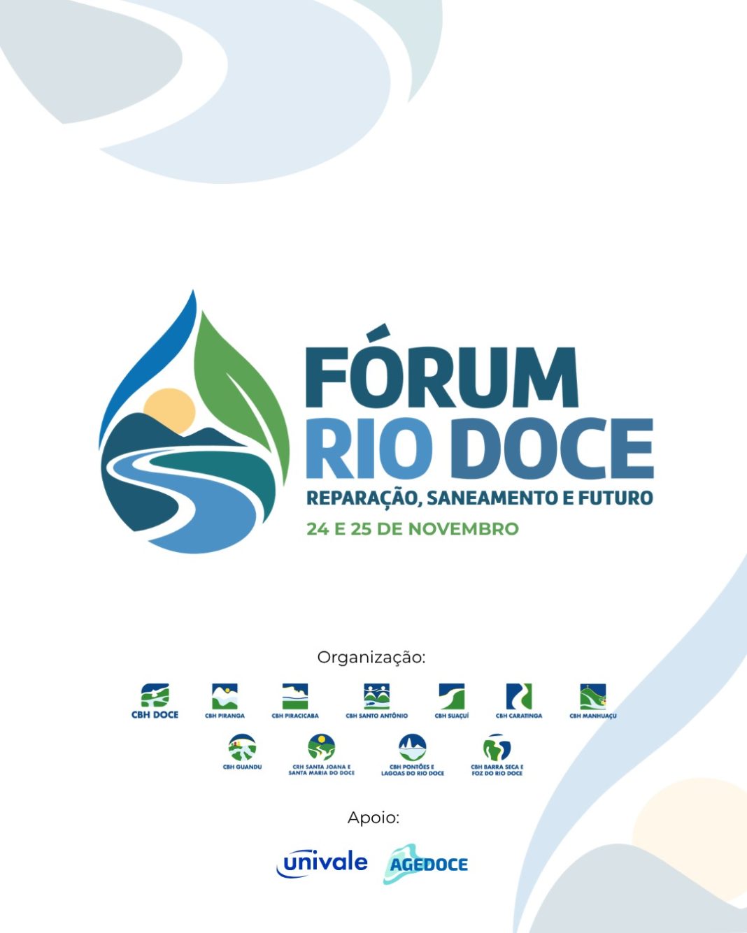 Fórum Rio Doce acontece em Governador Valadares nos dias 24 e 25 de novembro e discutirá reparação, saneamento e futuro da Bacia do Rio Doce